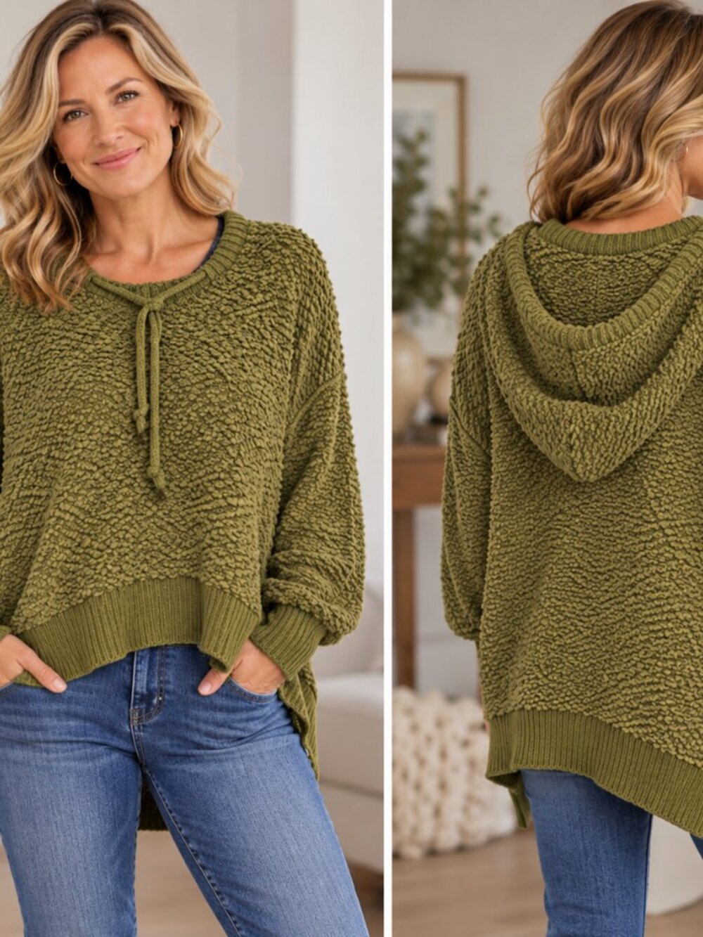 POL Women’s M Olive Green Oversized Textured Knit Hooded Hi Low Sweater Boho